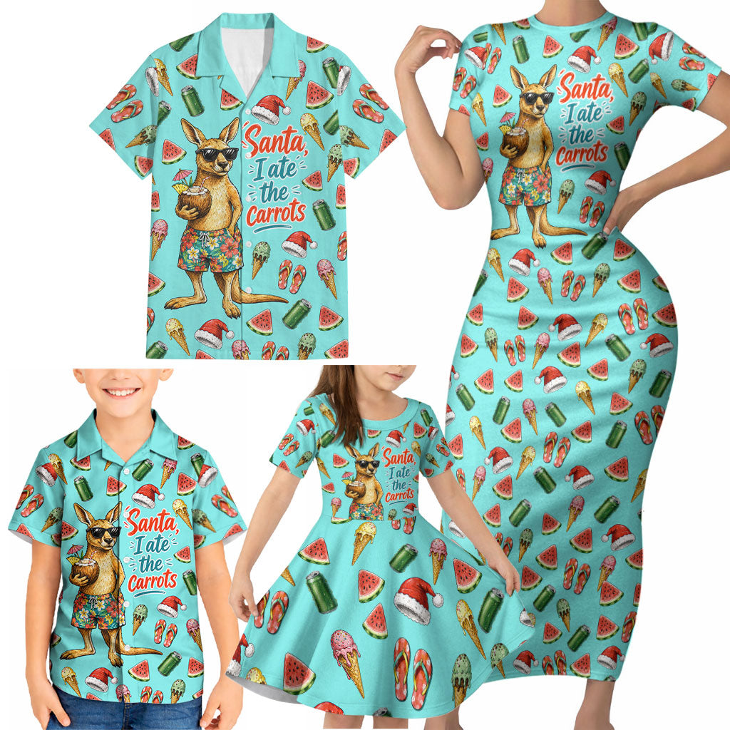 Aussie Christmas Santa Family Matching Short Sleeve Bodycon Dress and Hawaiian Shirt Retro Cartoon Summer Holiday Beach - I Ate The Carrots Kangaroo
