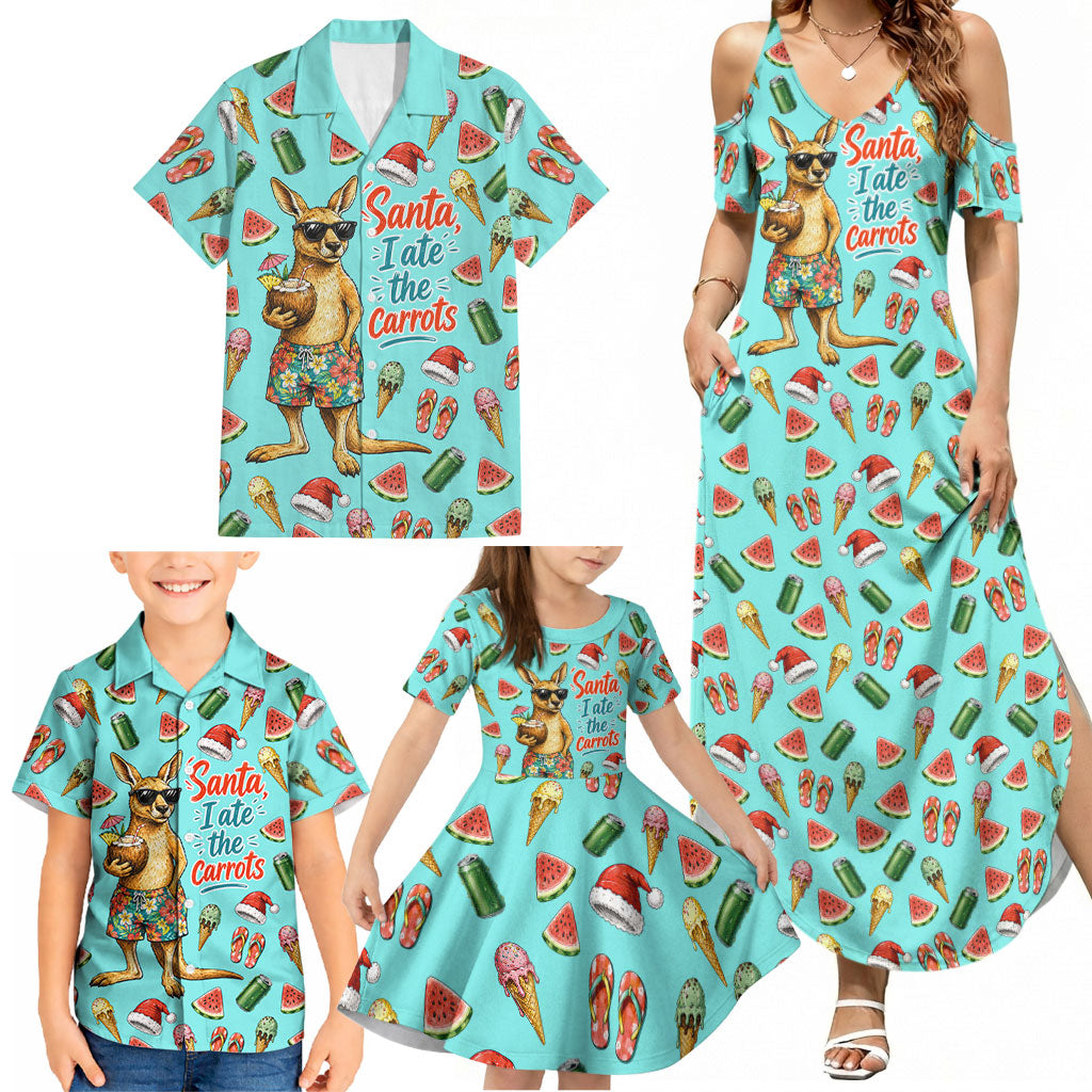 Aussie Christmas Santa Family Matching Summer Maxi Dress and Hawaiian Shirt Retro Cartoon Summer Holiday Beach - I Ate The Carrots Kangaroo