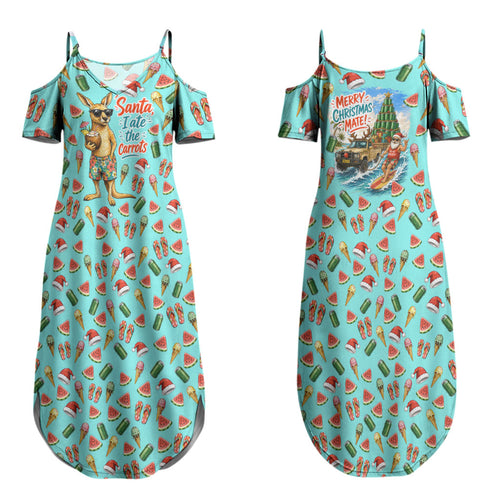 Aussie Christmas Santa Family Matching Summer Maxi Dress and Hawaiian Shirt Retro Cartoon Summer Holiday Beach - I Ate The Carrots Kangaroo