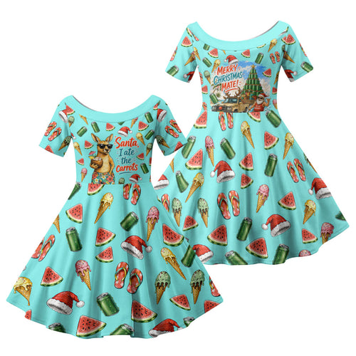 Aussie Christmas Santa Family Matching Summer Maxi Dress and Hawaiian Shirt Retro Cartoon Summer Holiday Beach - I Ate The Carrots Kangaroo