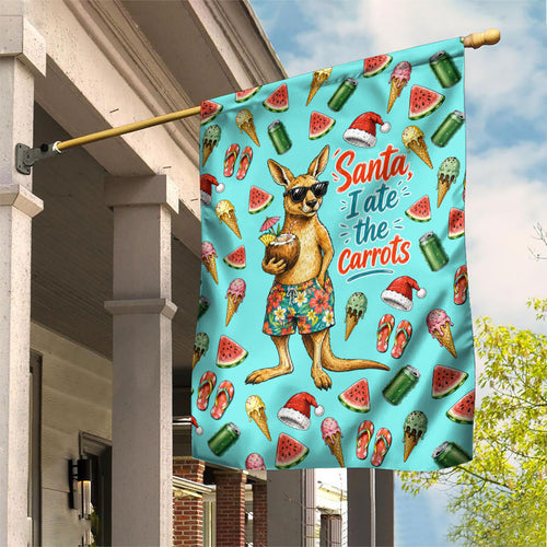 Aussie Christmas Santa Garden Flag Retro Cartoon Summer Holiday Beach - I Ate The Carrots Kangaroo