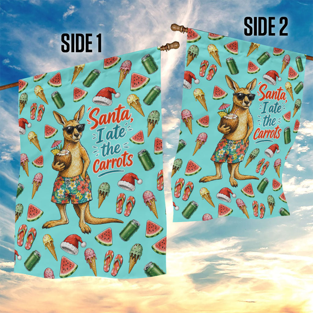 Aussie Christmas Santa Garden Flag Retro Cartoon Summer Holiday Beach - I Ate The Carrots Kangaroo