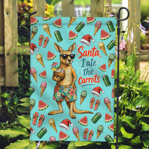 Aussie Christmas Santa Garden Flag Retro Cartoon Summer Holiday Beach - I Ate The Carrots Kangaroo