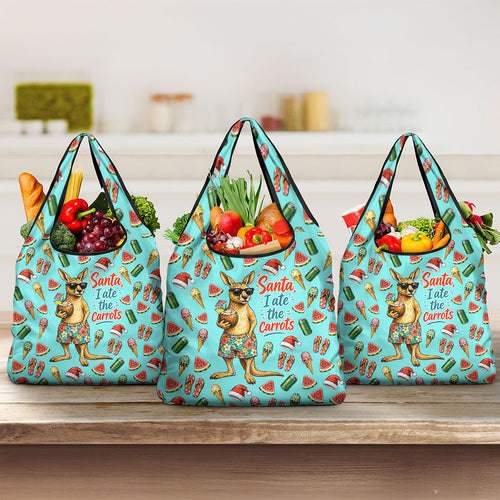 Aussie Christmas Santa Grocery Bag Retro Cartoon Summer Holiday Beach - I Ate The Carrots Kangaroo