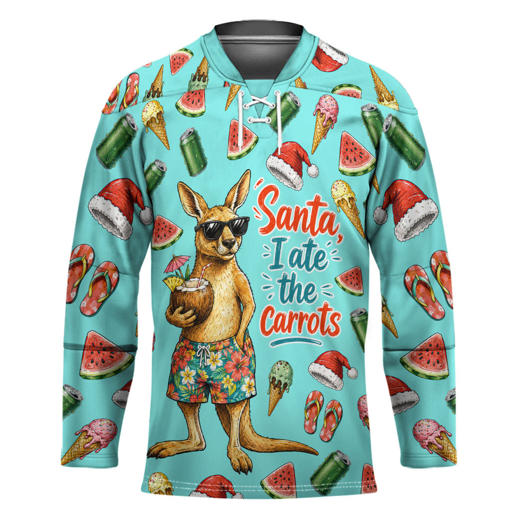 Aussie Christmas Santa Hockey Jersey Retro Cartoon Summer Holiday Beach - I Ate The Carrots Kangaroo