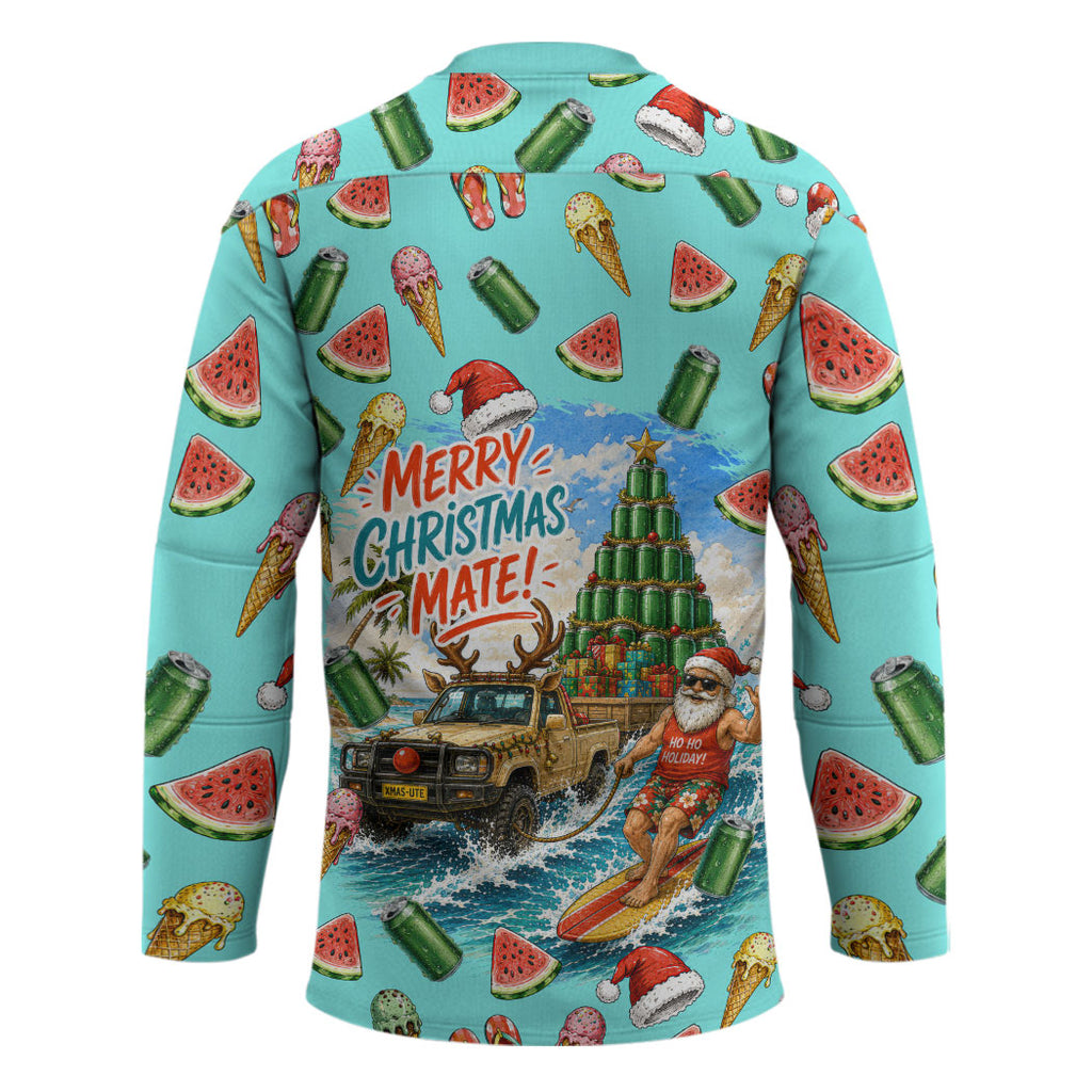 Aussie Christmas Santa Hockey Jersey Retro Cartoon Summer Holiday Beach - I Ate The Carrots Kangaroo