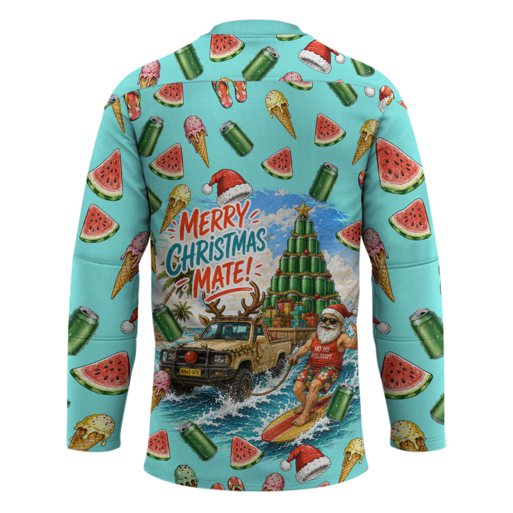 Aussie Christmas Santa Hockey Jersey Retro Cartoon Summer Holiday Beach - I Ate The Carrots Kangaroo