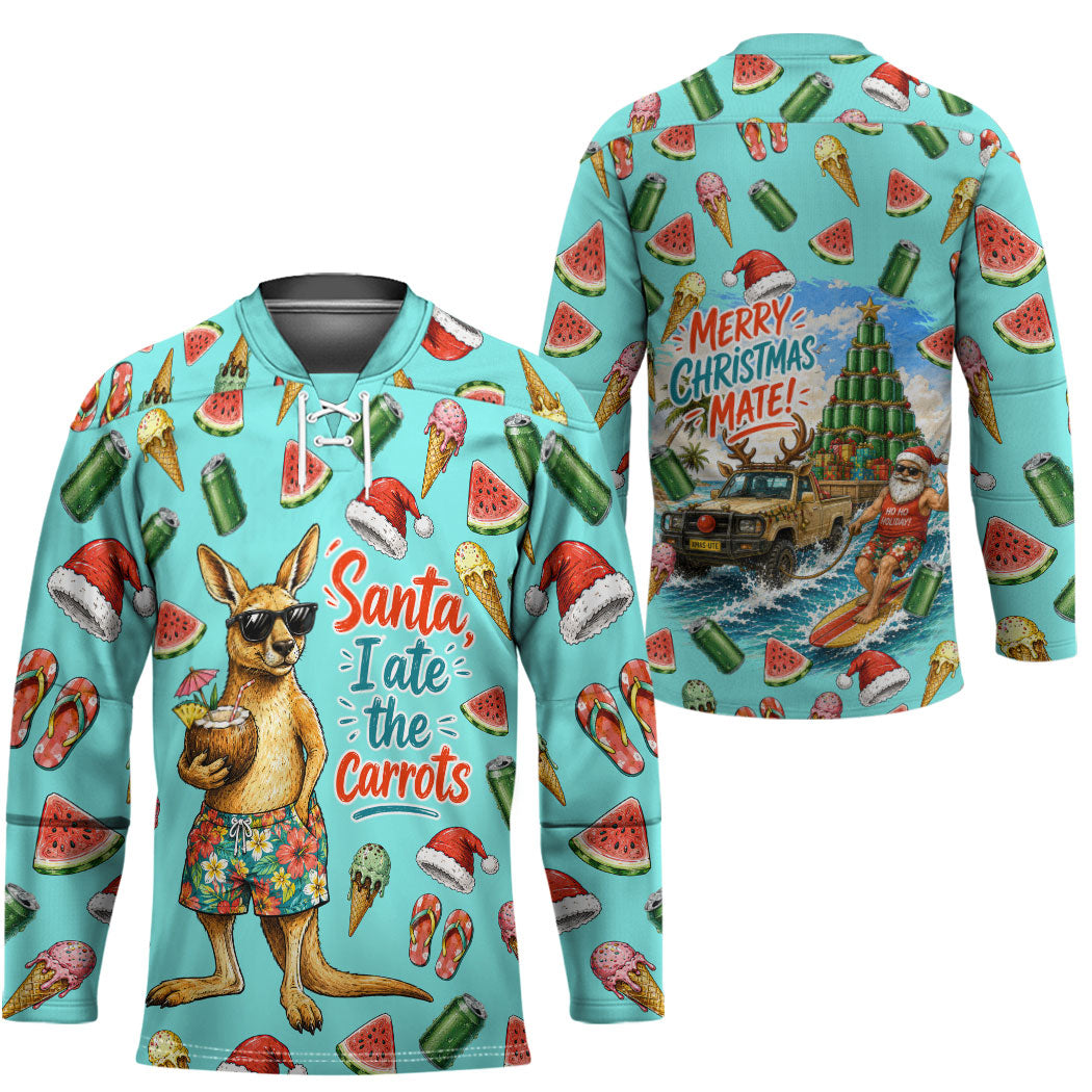 Aussie Christmas Santa Hockey Jersey Retro Cartoon Summer Holiday Beach - I Ate The Carrots Kangaroo