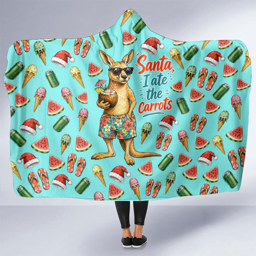 Aussie Christmas Santa Hooded Blanket Retro Cartoon Summer Holiday Beach - I Ate The Carrots Kangaroo