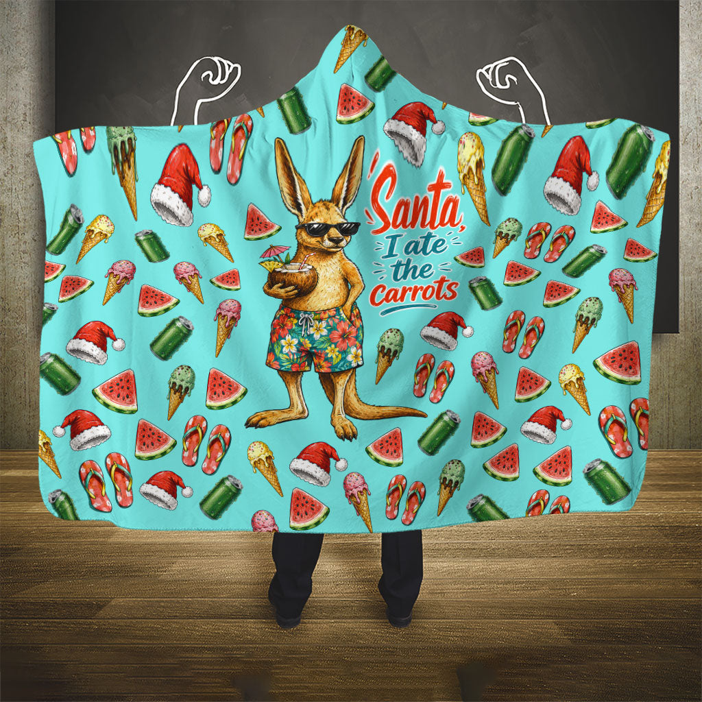 Aussie Christmas Santa Hooded Blanket Retro Cartoon Summer Holiday Beach - I Ate The Carrots Kangaroo