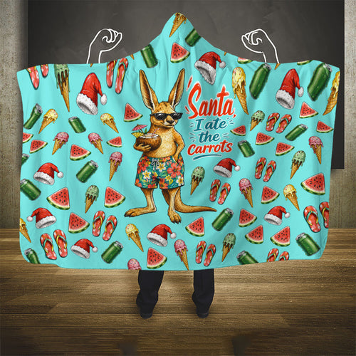 Aussie Christmas Santa Hooded Blanket Retro Cartoon Summer Holiday Beach - I Ate The Carrots Kangaroo