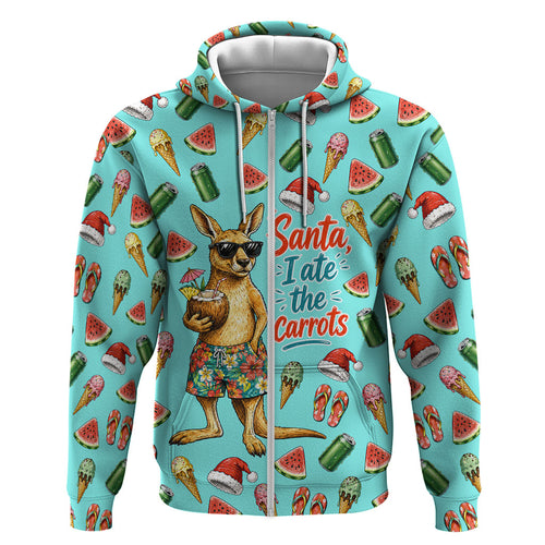 Aussie Christmas Santa Hoodie Retro Cartoon Summer Holiday Beach - I Ate The Carrots Kangaroo