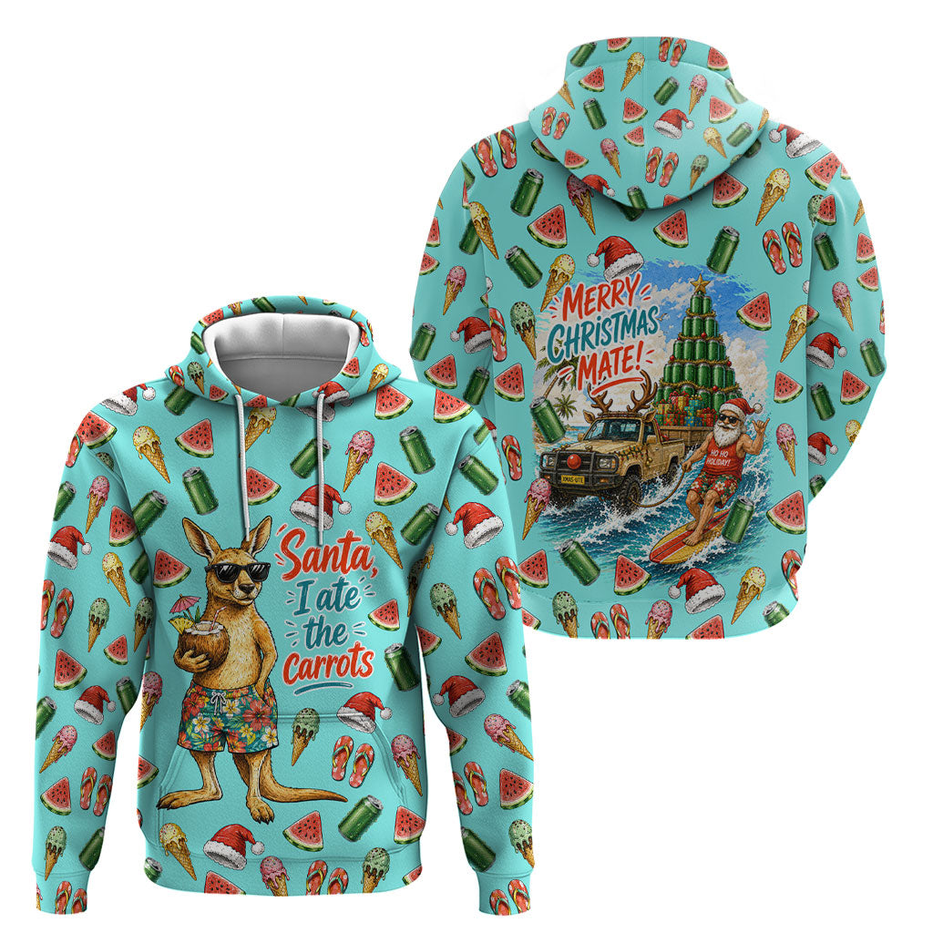 Aussie Christmas Santa Hoodie Retro Cartoon Summer Holiday Beach - I Ate The Carrots Kangaroo