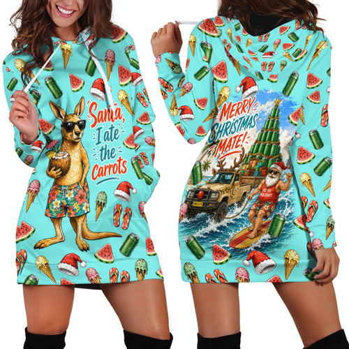 Aussie Christmas Santa Hoodie Dress Retro Cartoon Summer Holiday Beach - I Ate The Carrots Kangaroo