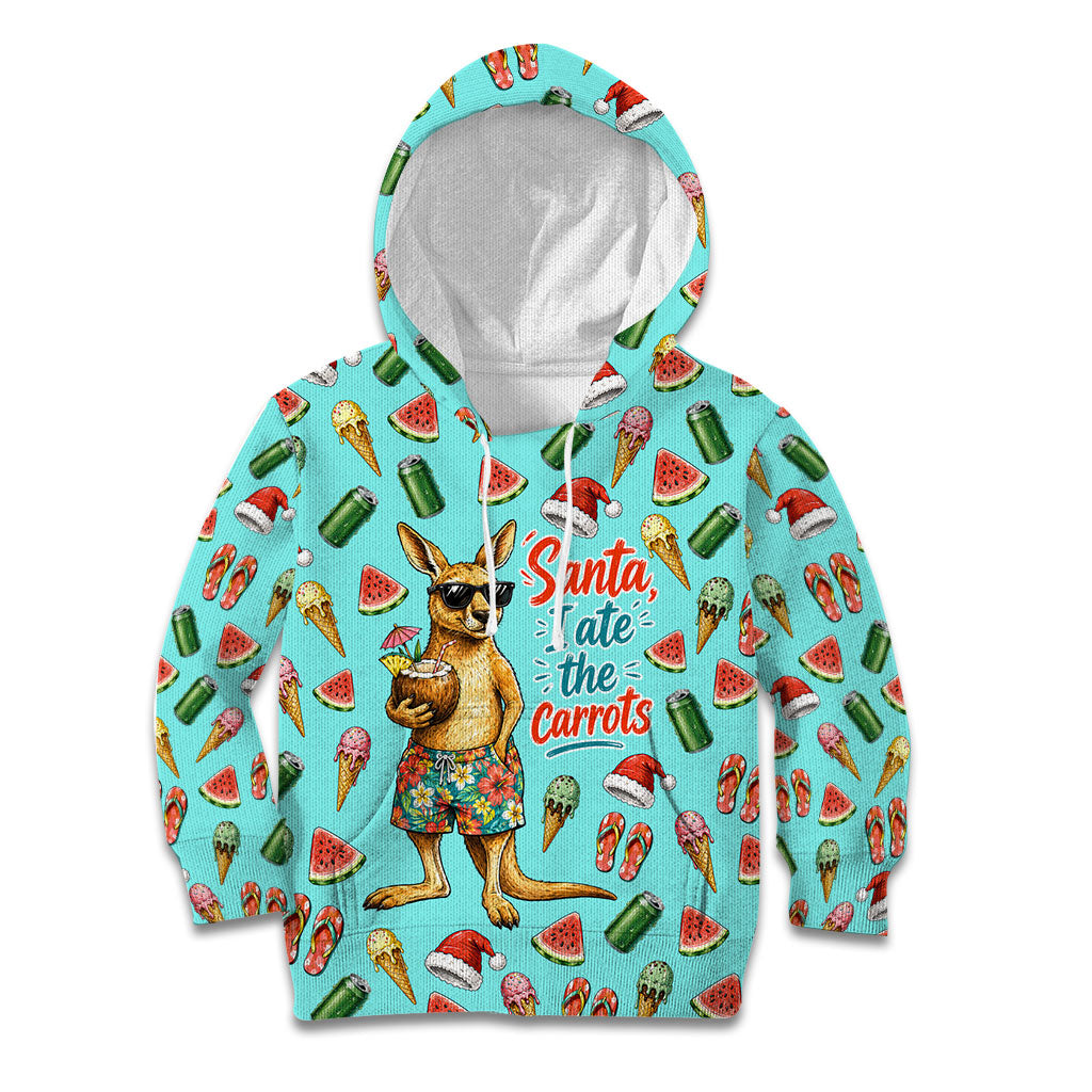 Aussie Christmas Santa Kid Hoodie Retro Cartoon Summer Holiday Beach - I Ate The Carrots Kangaroo