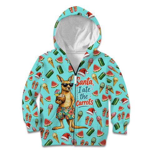 Aussie Christmas Santa Kid Hoodie Retro Cartoon Summer Holiday Beach - I Ate The Carrots Kangaroo