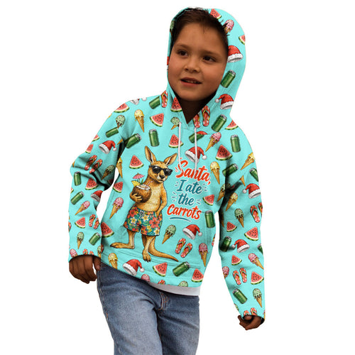 Aussie Christmas Santa Kid Hoodie Retro Cartoon Summer Holiday Beach - I Ate The Carrots Kangaroo