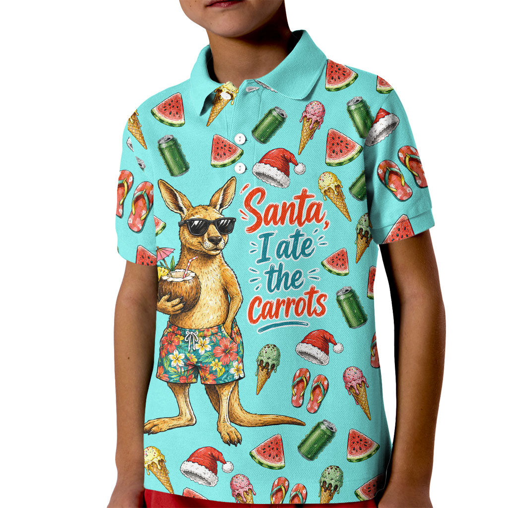 Aussie Christmas Santa Kid Polo Shirt Retro Cartoon Summer Holiday Beach - I Ate The Carrots Kangaroo