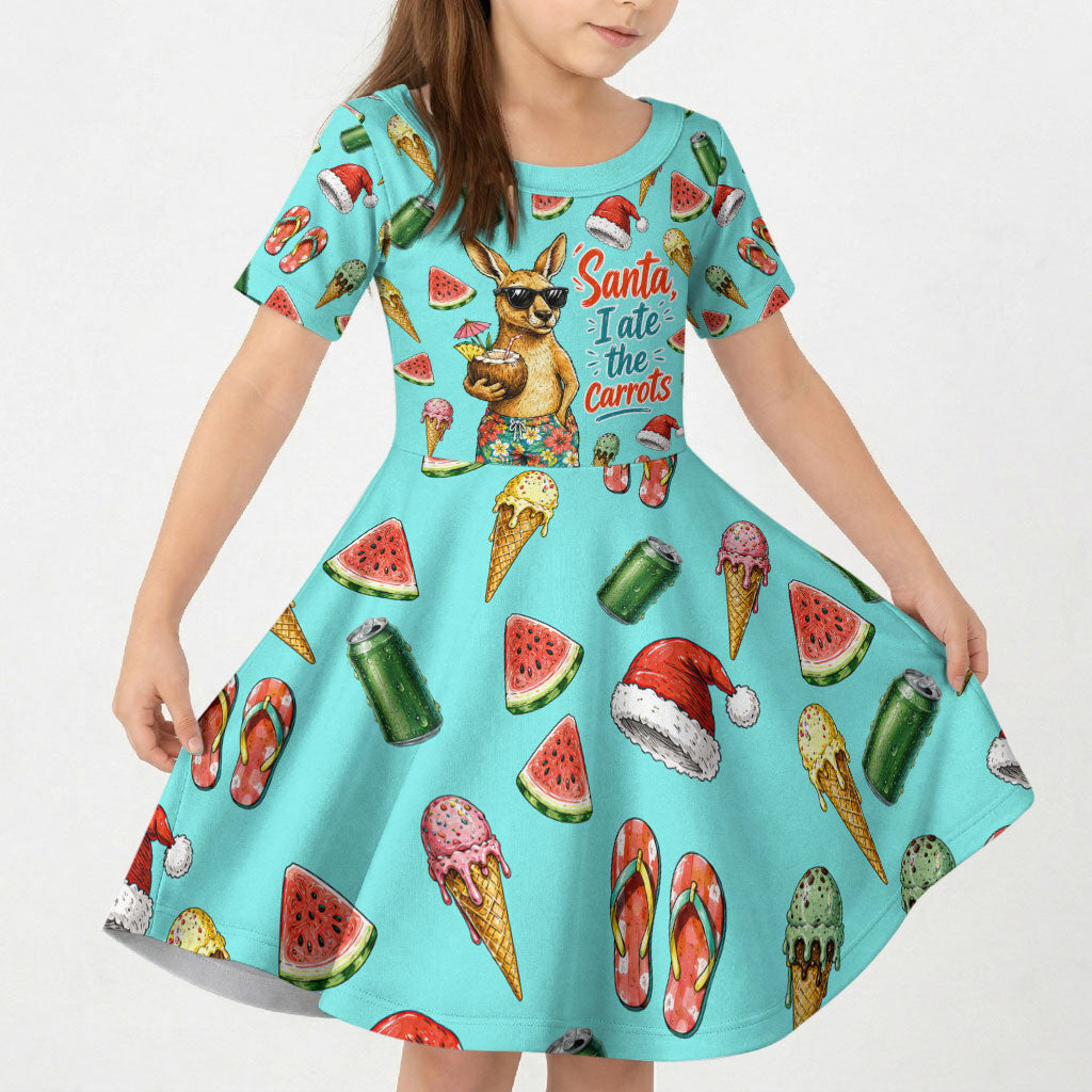 Aussie Christmas Santa Kid Short Sleeve Dress Retro Cartoon Summer Holiday Beach - I Ate The Carrots Kangaroo