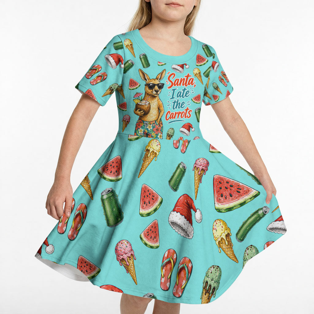 Aussie Christmas Santa Kid Short Sleeve Dress Retro Cartoon Summer Holiday Beach - I Ate The Carrots Kangaroo