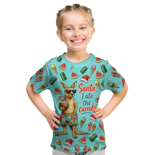 Aussie Christmas Santa Kid T Shirt Retro Cartoon Summer Holiday Beach - I Ate The Carrots Kangaroo