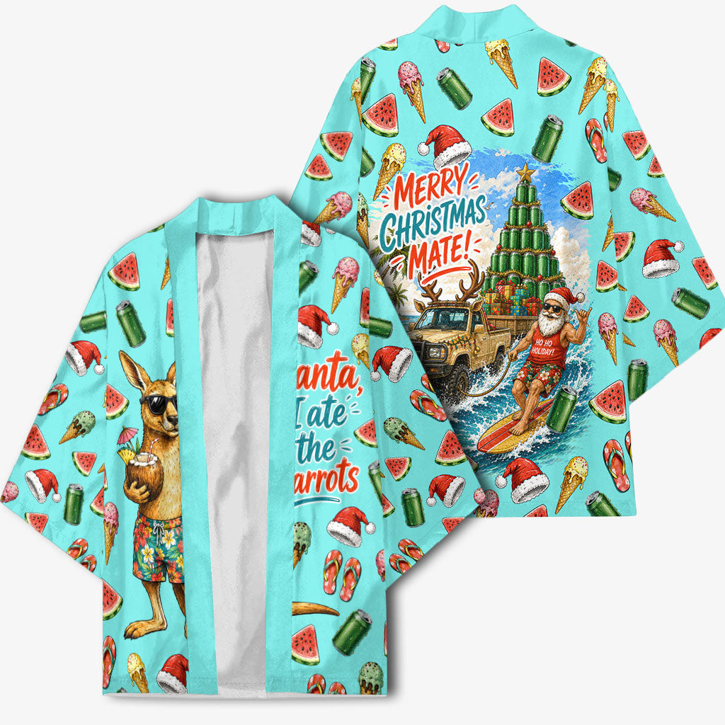Aussie Christmas Santa Kimono Retro Cartoon Summer Holiday Beach - I Ate The Carrots Kangaroo