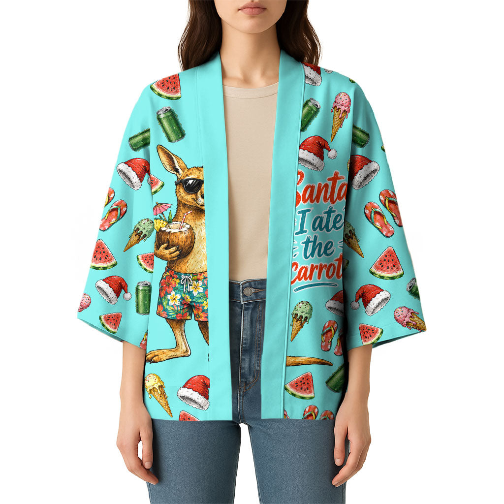 Aussie Christmas Santa Kimono Retro Cartoon Summer Holiday Beach - I Ate The Carrots Kangaroo