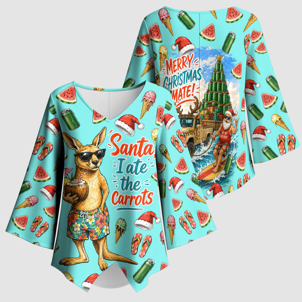 Aussie Christmas Santa Kimono Sleeve Blouse Retro Cartoon Summer Holiday Beach - I Ate The Carrots Kangaroo