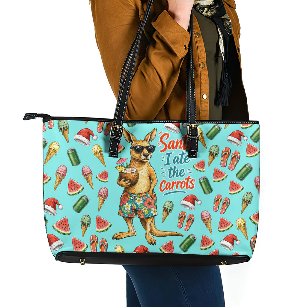 Aussie Christmas Santa Leather Tote Bag Retro Cartoon Summer Holiday Beach - I Ate The Carrots Kangaroo