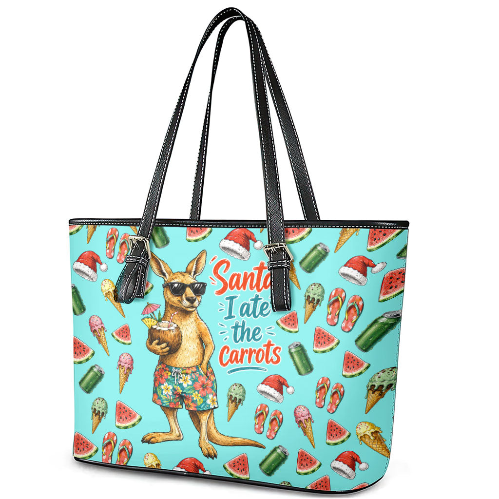 Aussie Christmas Santa Leather Tote Bag Retro Cartoon Summer Holiday Beach - I Ate The Carrots Kangaroo