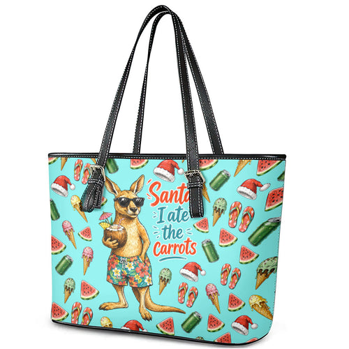 Aussie Christmas Santa Leather Tote Bag Retro Cartoon Summer Holiday Beach - I Ate The Carrots Kangaroo