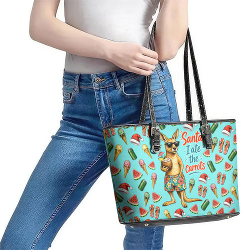 Aussie Christmas Santa Leather Tote Bag Retro Cartoon Summer Holiday Beach - I Ate The Carrots Kangaroo