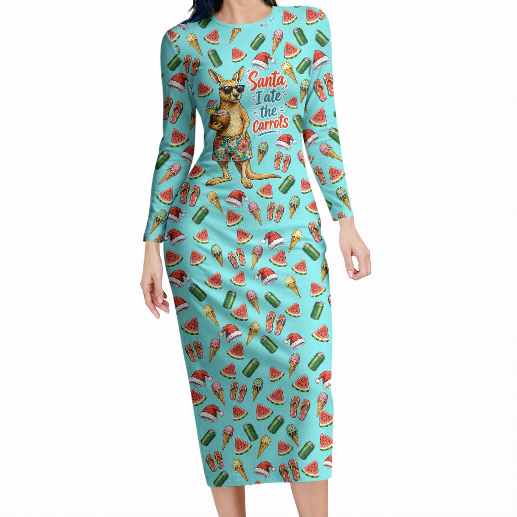 Aussie Christmas Santa Long Sleeve Bodycon Dress Retro Cartoon Summer Holiday Beach - I Ate The Carrots Kangaroo