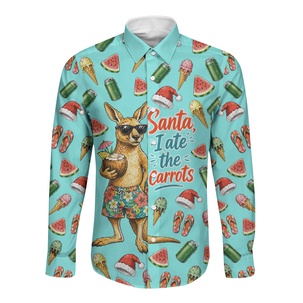 Aussie Christmas Santa Long Sleeve Button Shirt Retro Cartoon Summer Holiday Beach - I Ate The Carrots Kangaroo