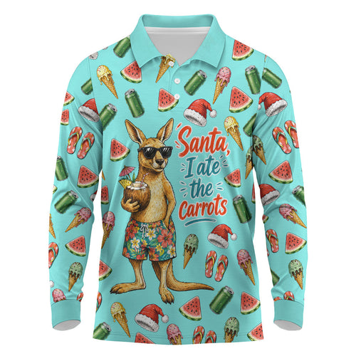 Aussie Christmas Santa Long Sleeve Polo Shirt Retro Cartoon Summer Holiday Beach - I Ate The Carrots Kangaroo