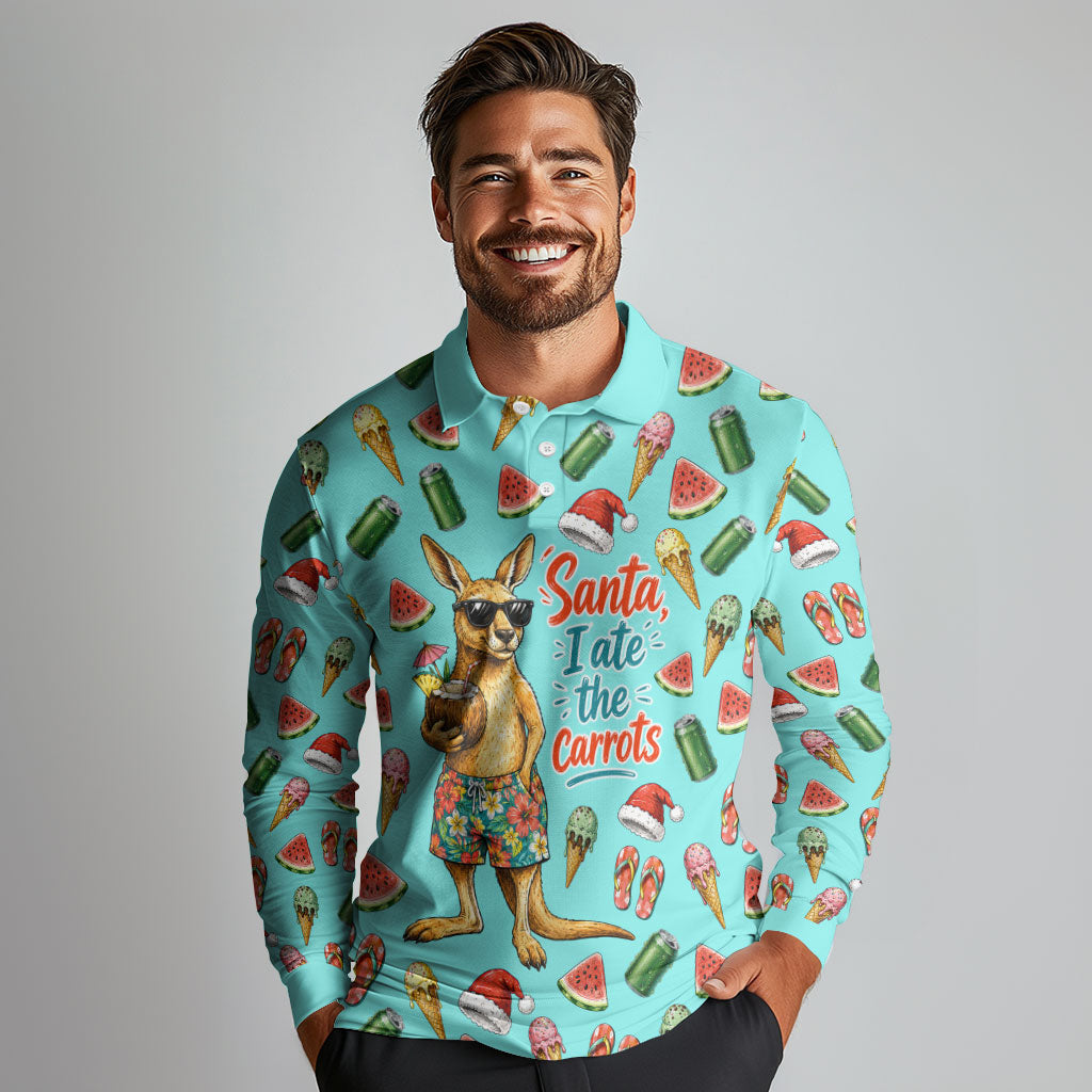 Aussie Christmas Santa Long Sleeve Polo Shirt Retro Cartoon Summer Holiday Beach - I Ate The Carrots Kangaroo