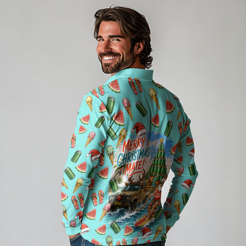 Aussie Christmas Santa Long Sleeve Polo Shirt Retro Cartoon Summer Holiday Beach - I Ate The Carrots Kangaroo