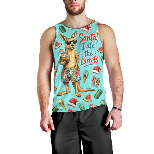 Aussie Christmas Santa Men Tank Top Retro Cartoon Summer Holiday Beach - I Ate The Carrots Kangaroo