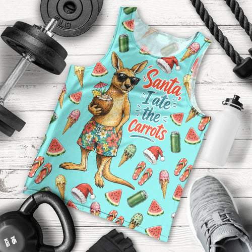 Aussie Christmas Santa Men Tank Top Retro Cartoon Summer Holiday Beach - I Ate The Carrots Kangaroo