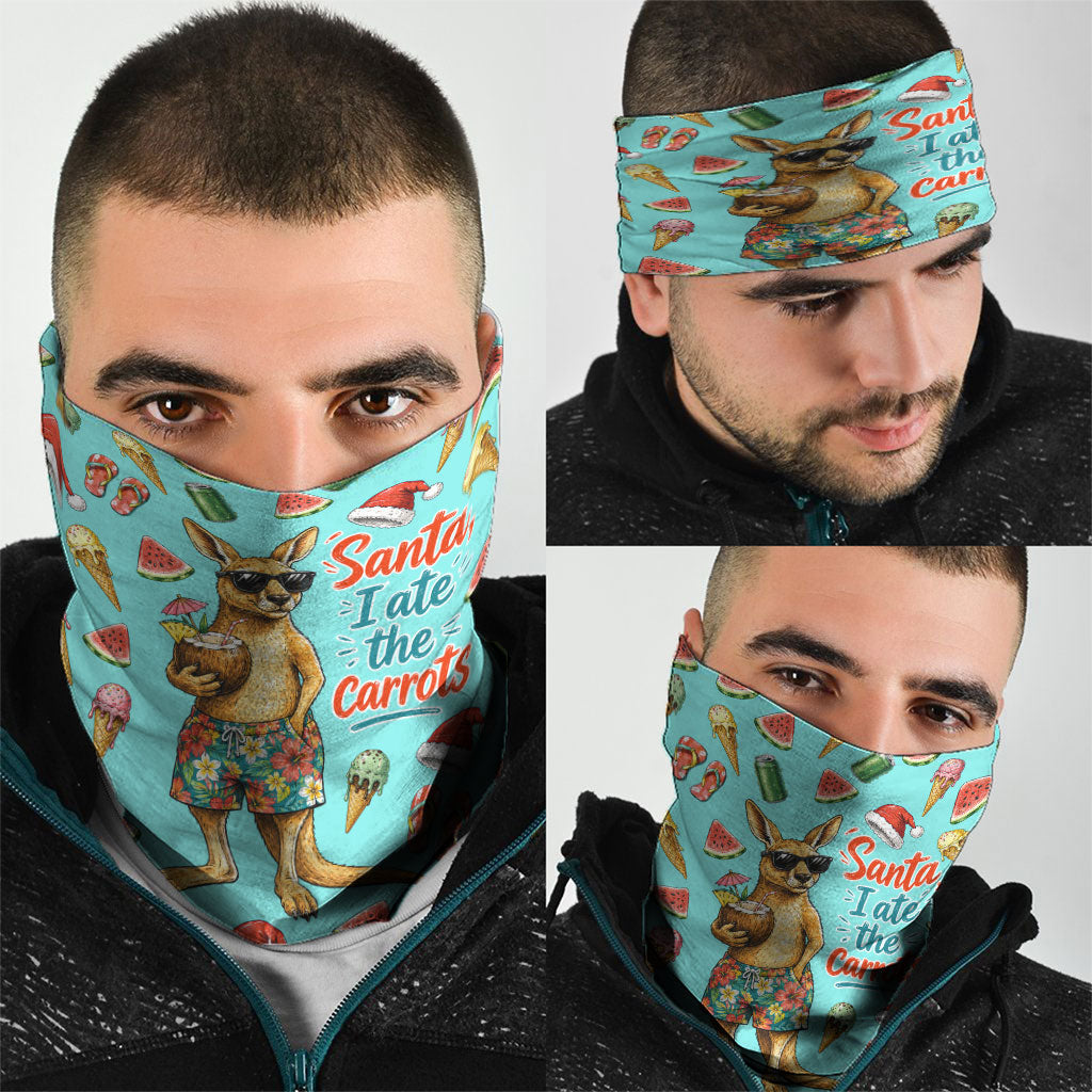 Aussie Christmas Santa Neck Gaiter Retro Cartoon Summer Holiday Beach - I Ate The Carrots Kangaroo