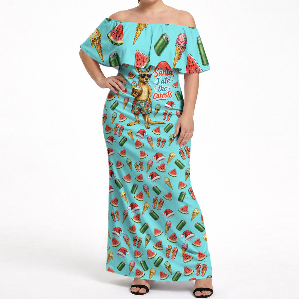 Aussie Christmas Santa Off Shoulder Maxi Dress Retro Cartoon Summer Holiday Beach - I Ate The Carrots Kangaroo