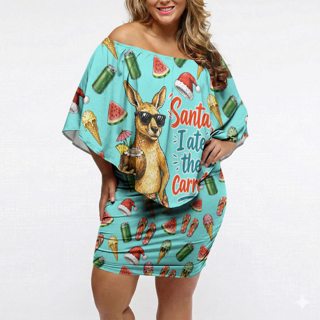Aussie Christmas Santa Off Shoulder Short Dress Retro Cartoon Summer Holiday Beach - I Ate The Carrots Kangaroo