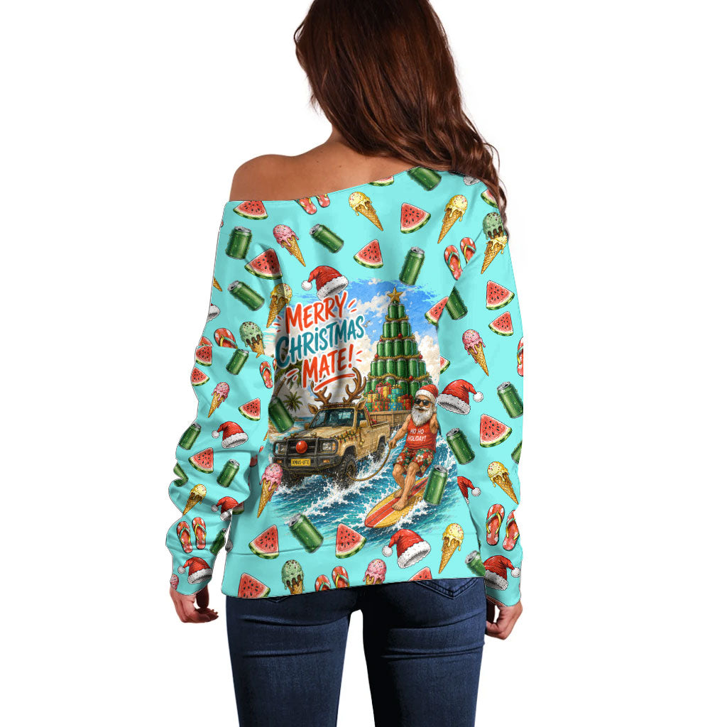 Aussie Christmas Santa Off Shoulder Sweater Retro Cartoon Summer Holiday Beach - I Ate The Carrots Kangaroo