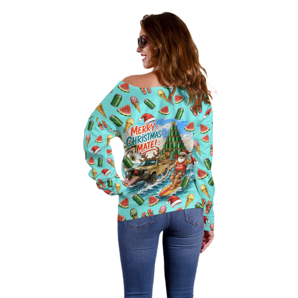 Aussie Christmas Santa Off Shoulder Sweater Retro Cartoon Summer Holiday Beach - I Ate The Carrots Kangaroo