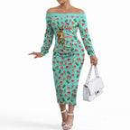 Aussie Christmas Santa Off The Shoulder Long Sleeve Dress Retro Cartoon Summer Holiday Beach - I Ate The Carrots Kangaroo
