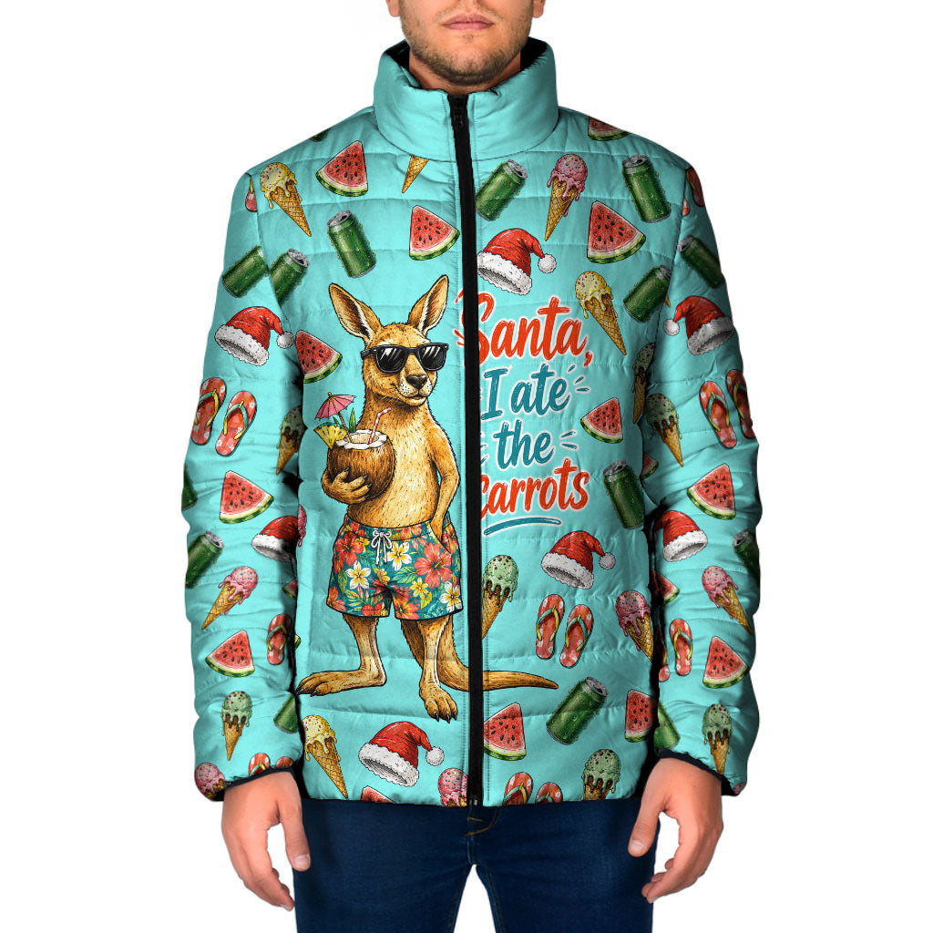 Aussie Christmas Santa Padded Jacket Retro Cartoon Summer Holiday Beach - I Ate The Carrots Kangaroo