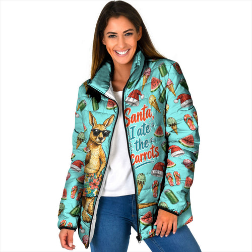 Aussie Christmas Santa Padded Jacket Retro Cartoon Summer Holiday Beach - I Ate The Carrots Kangaroo