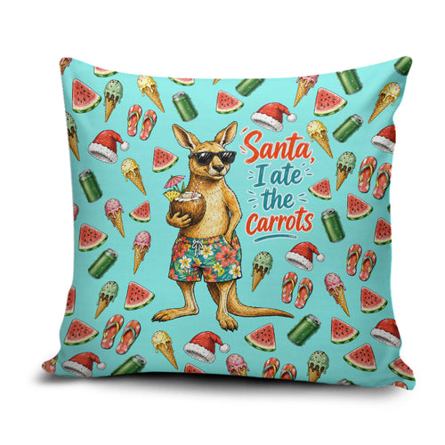 Aussie Christmas Santa Pillow Cover Retro Cartoon Summer Holiday Beach - I Ate The Carrots Kangaroo
