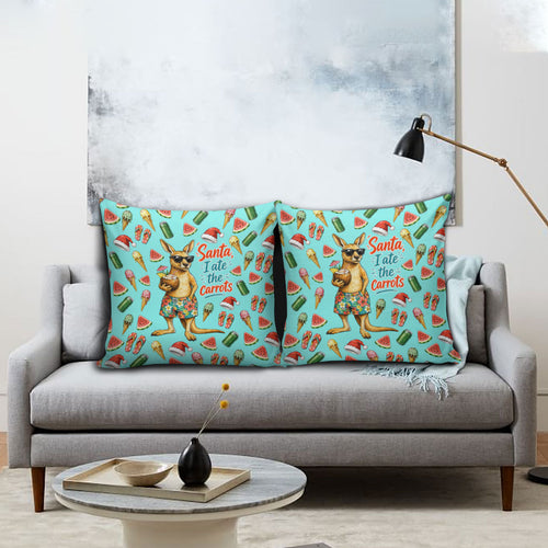 Aussie Christmas Santa Pillow Cover Retro Cartoon Summer Holiday Beach - I Ate The Carrots Kangaroo