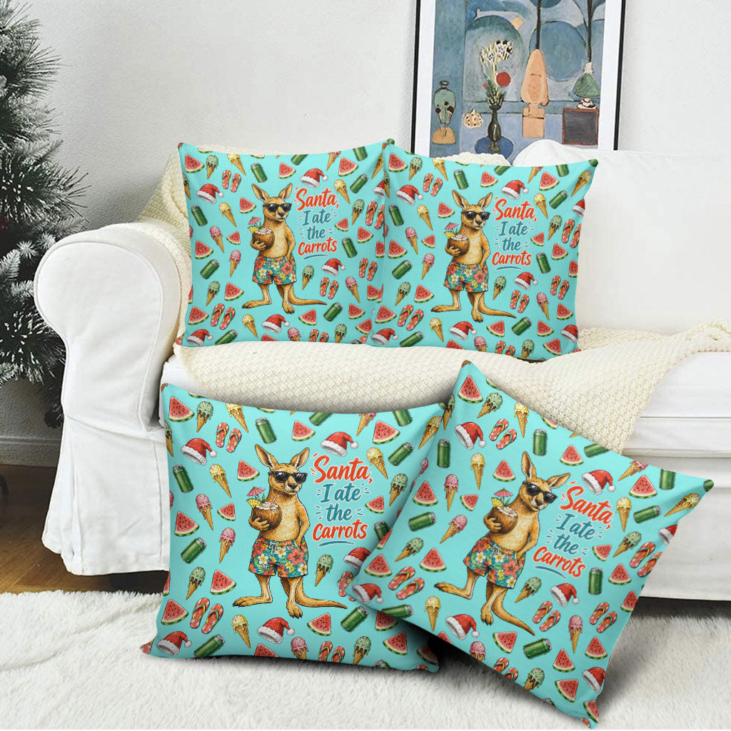 Aussie Christmas Santa Pillow Cover Retro Cartoon Summer Holiday Beach - I Ate The Carrots Kangaroo